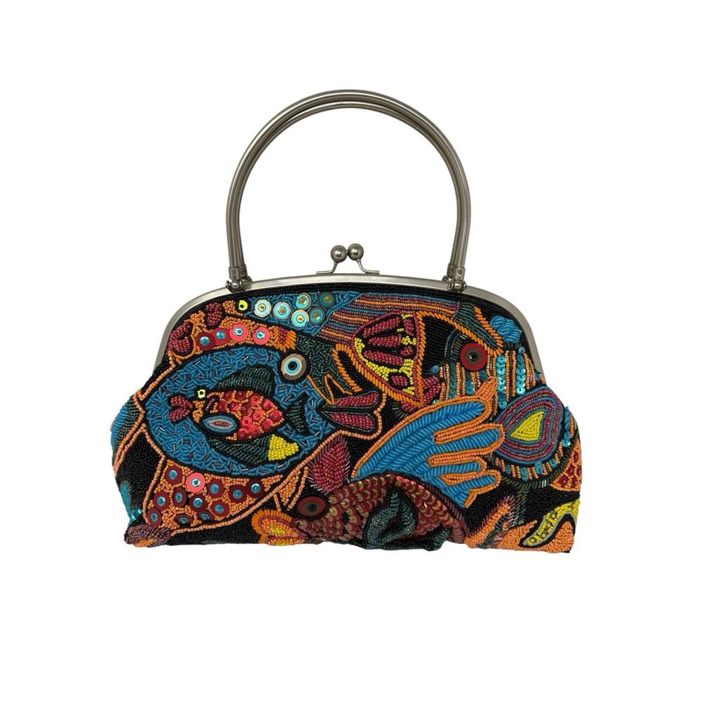 Vintage Chicos Seascape Colorful Beaded Evening Bag w/ Top Handles Cruise Travel